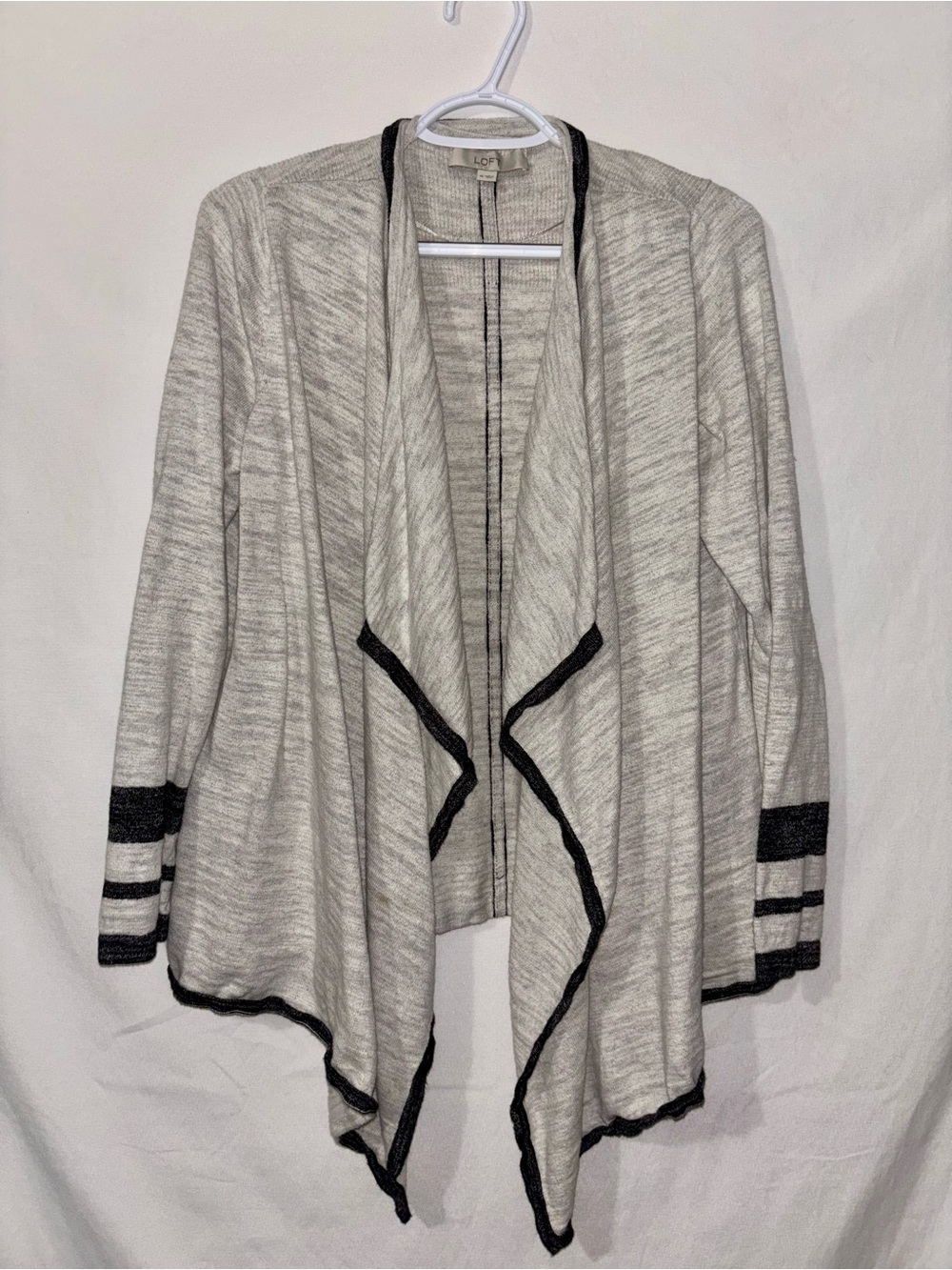LOFT Light Gray Open-Front Draped Cardigan XL Black Trim Fall Layering Autumn